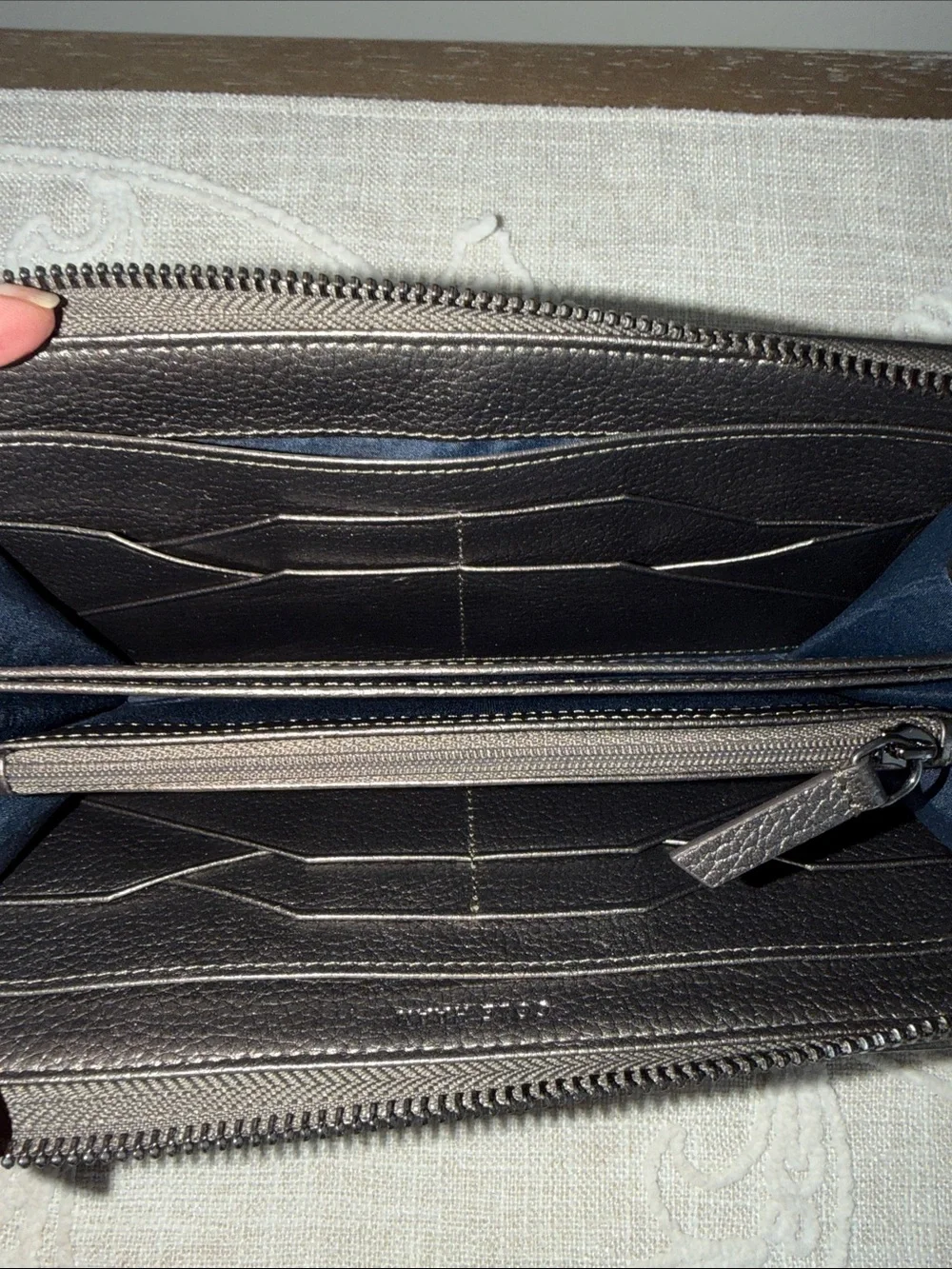 Cole Haan Quilted Metallic Grey Pewter Zip Around Wallet with Tassel Pull